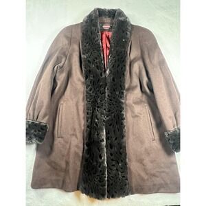 Alorna Coat Womens Petite Brown Wool Blend Faux Fur Trim‎ Made in USA Hook Front